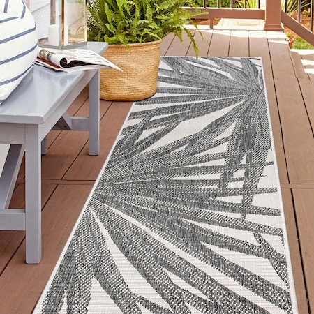 World Rug Gallery Tropical Leaves Nature Inspired Indoor/Outdoor Runner Rug 2' x 7' Gray 4030GRAY2X7